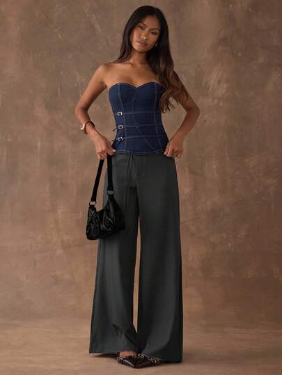 SHEIN BAE Women's Buckle Design Fashion Fitted Denim Tube Top