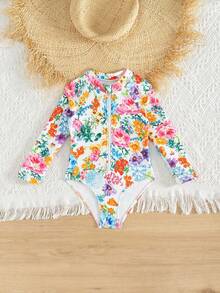 SHEIN Young Girl Ribbed Floral Print Long Sleeve Zipper One Piece Rash Guard Swimsuit, Mommy And Me Matching Outfits (3 Pieces Sold Separately) - Multicolor - View 6