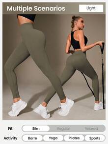 Easithlete 女式高腰罗纹无缝修身紧身裤 - 云朵柔软第二层肌肤柔软速干透气四向弹力紧身裤，适合跑步、骑行、瑜伽、泡菜球运动休闲，黑色 - 橄欖綠 - 查看 2