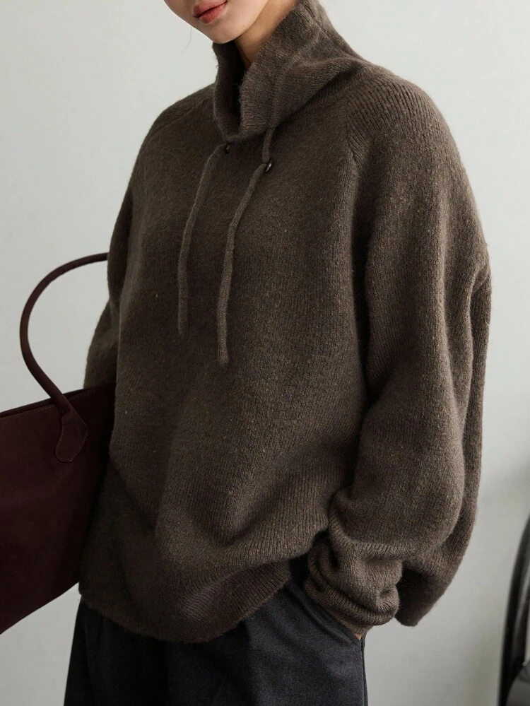 Women's Loose Business Casual Drawstring High Neck Solid Color Minimalist Knit Sweater, Suitable For Autumn And Winter Office Wear