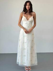 Aloruh Váy dây mảnh gợi cảm cổ chữ V sâu thêu hoa dành cho nữ - Màu be - Xem 4