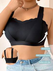 SHEIN 大码纯色贝壳边无钢圈文胸 - 黑色 - 查看 6