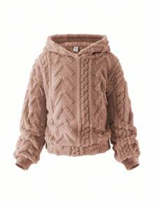 SHEIN Girlism 2 件套 Tween 女童保暖毛绒纹理宽松休闲连帽衫和运动裤套装，秋季 - 駝色 - 查看 3