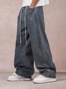 SUMWON 阔腿桶形牛仔裤，宽松版型，抽绳高腰设计，前褶皱，秋季时尚，弹性腰带，都市街头风纯色 - 藍色 - 查看 3