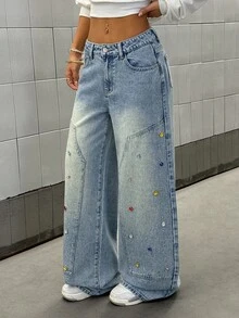 StreetHx Women's Street Style Rhinestone Embellished Low-Rise Baggy Jeans