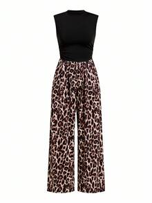 Ellevyn Women's Elegant & Comfortable Leopard Print Jumpsuit, Suitable For Vacation, Spring/Autumn - Multicolor - View 2