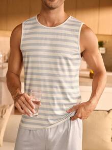 Manfinity Underwear&Sleepwear Basics 男士休闲条纹印花无袖上衣和短裤睡衣套装 - 彩色 - 查看 4