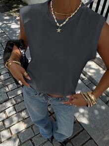 SHEIN Essnce Women Solid Round Neck Sleeveless Loose Cropped Tank Top - Dark Grey - View 6