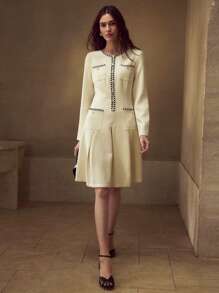 MOTF PREMIUM CONTRAST TRIM PATCH POCKET FOLD PLEATED SHORT DRESS