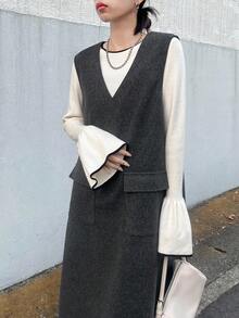 FRIFUL Women's V-Neck Straight Hem Slit Casual Solid Color Front Pocket Decor Long Dress - Grey - View 7