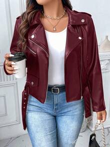 Calvaya 大码纯色简约休闲长袖翻领夹克 - 酒紅色 - 查看 4