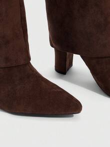 CUCCOO SZL 女士尖头粗高跟靴，棕色 PU 绒面革材质，分层设计，时尚简约，适合日常、派对、活动，侧拉链 - 棕色 - 查看 6