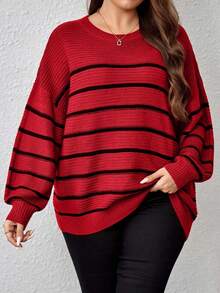 EURMUSE Plus Size Plus Size Loose Fit Colorblock Striped Pullover Sweater - Red - View 4