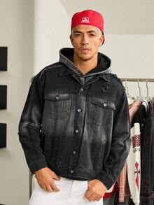 Manfinity Hypemode 男士黑色 Grunge 街头时尚破旧渐变牛仔夹克中性款 GenZ 水洗口袋黑色 OVERSIZE 街头万圣节万圣节秋季 - 黑色 - 查看 1