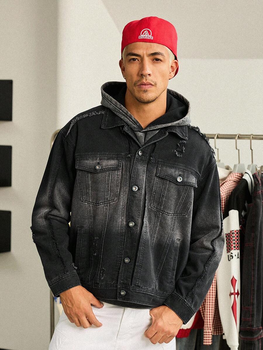 Manfinity Hypemode 男士黑色 Grunge 街头时尚破旧渐变牛仔夹克中性款 GenZ 水洗口袋黑色 OVERSIZE 街头万圣节万圣节秋季 - 黑色 - 查看 1