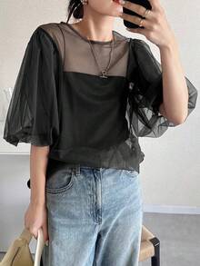 FRIFUL 女式纯棕色圆领泡泡袖透视网眼宽松休闲分层上衣 - 黑色 - 查看 3