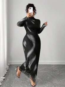 Elenzga Plus Size Elegant Spandex Mesh Abstract Print Dress Fall Cloth For Women - Multicolor - View 4