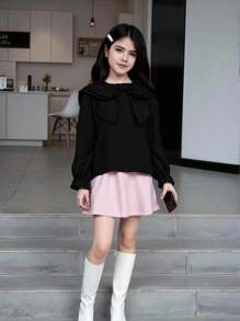 Tween Girl Solid Color Black Bow Decor Elegant Long Sleeve Blouse Fall Winter - Black - View 9