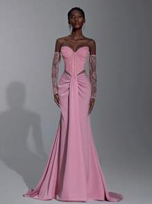 Elitara 优雅莲花粉色蕾丝拼接缎面紧身胸衣，搭配透明鱼骨胶条，飘逸下摆，适合度假、约会、生日派对、婚礼、毕业典礼、正式晚会 - 藕粉色 - 查看 7