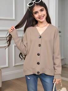 SHEIN 女童休闲百搭针织开衫，保暖舒适，适合叠穿，秋冬季校园穿着 - 駝色 - 查看 7