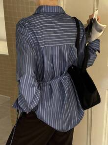 DAZY Women's Casual Commuter Striped Shirt With Turndown Collar, Long Sleeve Fall - Navy Blue - View 2