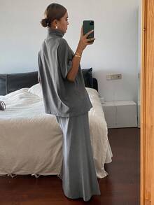 Livesso 2 件套女士宽松休闲宽松 T 恤和裙子套装，秋冬秋季 - 灰色 - 查看 2