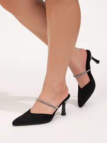 CUCCOO CURVES Plus Size Women's Pointed Toe High Heel Rhinestone Embellished T-Strap Fashion Dress Pumps - Black - View 4