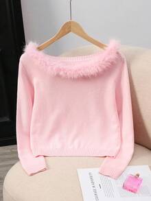 Franclia Women's Elegant Patchwork Fur Collar Sweater Fall Winter Cloth For Women - Pink - View 3