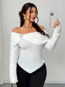 Elenzga Women's Elegant Christmas & New Year White Daily Open Shoulder Solid Color Shawl Collar Off Shoulder Long Sleeve Metal Rhinestone Decor Ruched Fitted Short Plus Size Knit Sweater - White - View 5