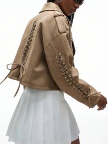 Aveloria GENKIRA Chaqueta corta de estilo motero de mujer con diseño de cordones en estilo vintage punk de PU - Caqui - Ver 5