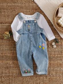 SHEIN Vintaside Kids 2 件装女婴 2025 春秋白色长袖 T 恤 + 牛仔背带裤休闲时尚服装，百搭 - 白色 - 查看 4