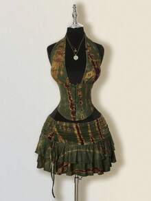 SHEIN ICON 女士扎染两件套，嬉皮风格扎染低胸超迷你裙，两件超低腰套装 - 軍綠色 - 查看 3