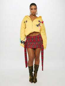 SUMWON WOMEN Holiday Festival Plaid Mini Skirt Studded Tartan Check Pattern Belt Detail High Rise Grommet Winter Party Club Short Skater Skirt - Multicolor - View 3