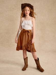 Tween Girl 2pcs Set: White Lace Patchwork Camisole Blouse + Khaki Belted Ruffle Hem Mini Skirt Elegant Outfit Summer Holiday - Khaki - View 5
