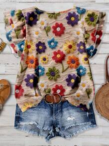 EMERY ROSE 大码女装日常休闲优雅复古假日风格热带仿羊毛花卉复古图案圆领双层盖袖宽松衬衫，女式夏装 - 彩色 - 查看 2