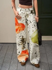 SHEIN EZwear 女士休闲印花低腰直筒牛仔裤，适合音乐节 - 卡其色 - 查看 1