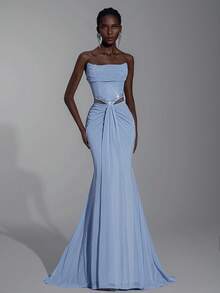 Elitara 优雅浅蓝色露肩低胸腰部镂空奢华手工水钻弹力褶饰美人鱼裙，适合婚礼、单身派对、度假、舞会、正式场合（重型） - 藍色 - 查看 7