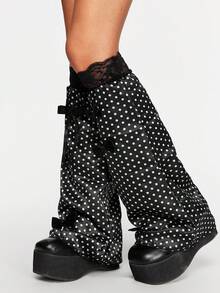 ROMWE Anime 1 双黑色复古可爱原宿风格白色波尔卡圆点蝴蝶结蕾丝拼接时尚腿套，适合日常穿着、音乐节、动漫大会，一款很棒的时尚配饰 - 黑色 - 查看 3