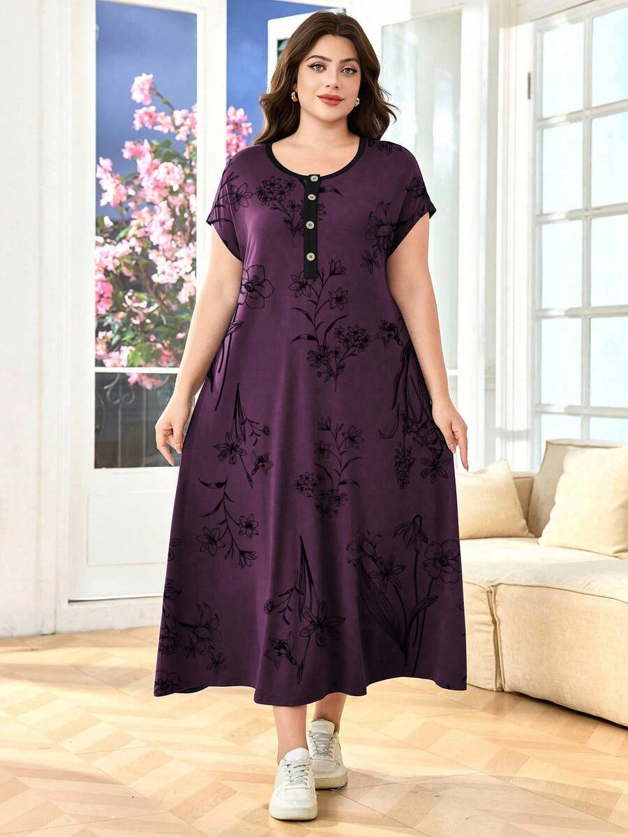 SHEIN Lacomfia Đầm dài tay ngắn dáng rộng thoải mái mùa hè cho nữ cỡ lớn - Màu tím - Xem 1