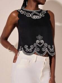 CAJUNI Top noir imprimé décontracté pour vacances pour femmes