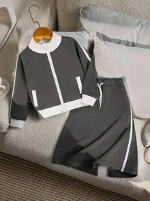 SHEIN Bộ áo khoác thể thao thường ngày phối màu tương phản dành cho bé gái, thích hợp cho hoạt động ngoài trời và đi học. - Xám - Xem 8