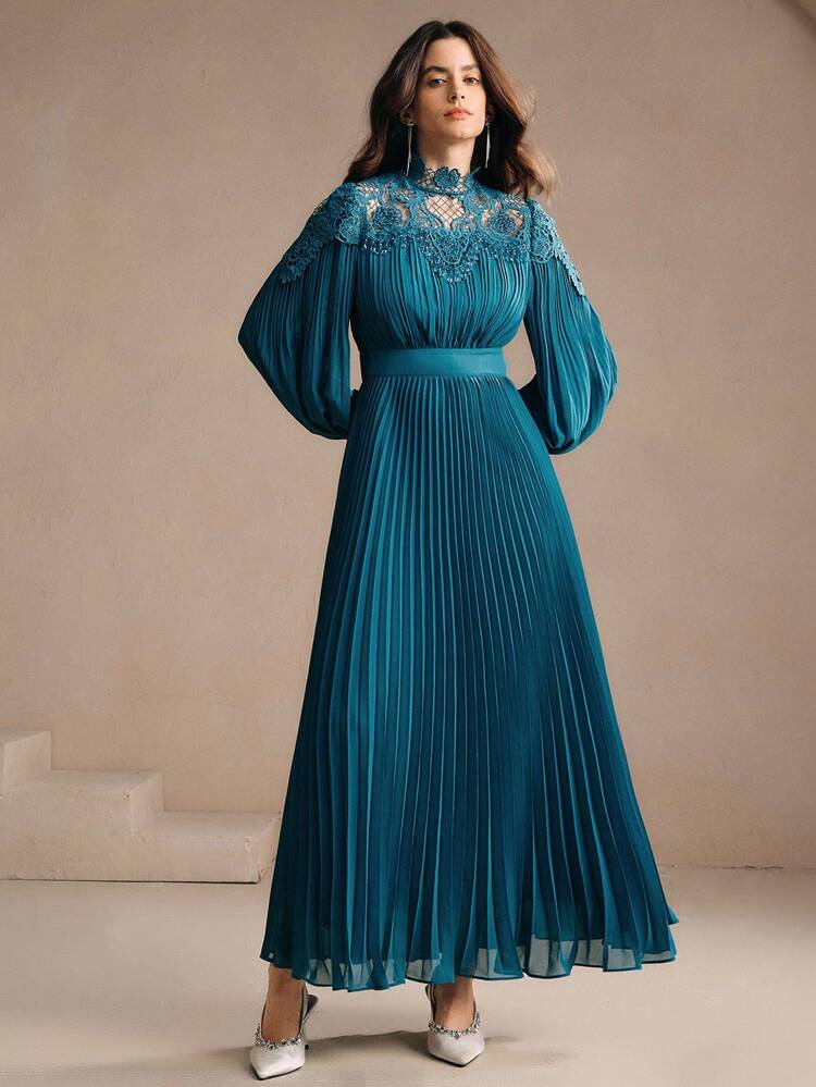 Elegant Handmade Beaded Floral Patchwork Pleated Hem Long Dress, Suitable For Fall, Autumn, Elegant, Chic, Party, Christmas, New Year, Wedding
