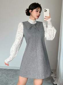 DAZY 女士宽松休闲甜美蝴蝶结装饰无袖连衣裙，秋冬季短款连衣裙 - 灰色 - 查看 11