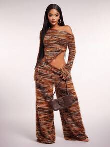 Radiana Top sexy casual vintage pentru femei, toamnă/iarnă, Maillard, maro, asimetric, cu mânecă lungă, pulover tricotat, moale și confortabil pentru toamnă/iarnă, pulover cu umăr dezbrăcat, top scurt cu umăr dezbrăcat, top scurt, maro ruginiu, top, pulover cu umăr dezbrăcat