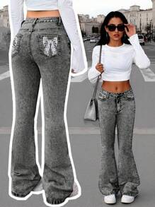 Jeans elásticos de cintura ajustable con bordado de lazo gris oscuro y copos de nieve, estilo urbano y callejero Y2K para niñas preadolescentes - Negro - Ver 1