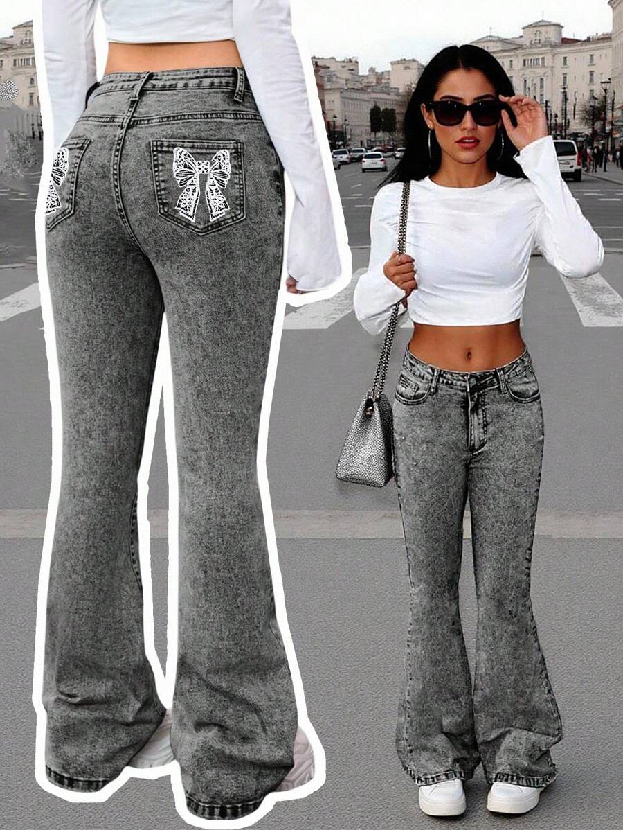 Jeans elásticos de cintura ajustable con bordado de lazo gris oscuro y copos de nieve, estilo urbano y callejero Y2K para niñas preadolescentes - Negro - Ver 1