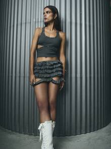 TypaGal Charcoal Gray Edgy Cropped Tank With Metal Detailing And Cutouts,Summer Chic Everyday Alt Goth Inspiration Fall Halloween Costume Base Gym Top - Grey - View 9