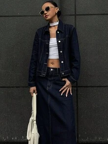 DAZY Women's Casual Washed Denim Jacket And Mini Skirt Set, Autumn