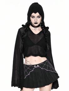 ROMWE Goth 哥特式万圣节俏皮蝙蝠与蜘蛛网刺绣撞色A字褶裙女款 - 黑色 - 查看 2