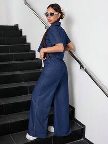 SHEIN 2pcs/Set Teen Girl Dark Blue Denim Short Sleeve Cropped Shirt And Loose Fit Pants